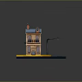Cartoon Street Scene With Two Story House Blue Roof Red Chimney Balcony And Street Lamp