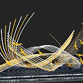 Landscape Sculpture with Curved Yellow White Lines Yellow Birds and Circular Ripples on Black Background