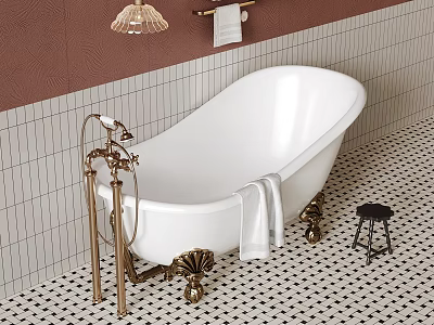 Elegant White Freestanding Bathtub With Gold Fixtures Black White Checkered Floor And Brown Wall 3d model