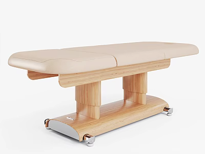 Beige Padded Massage Bed With Wooden Frame And Sturdy Wheels 3d model