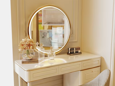 Elegant Dressing Table With Round Gold Frame Mirror White Top Floral Decor Cosmetics And Drawers 3d model