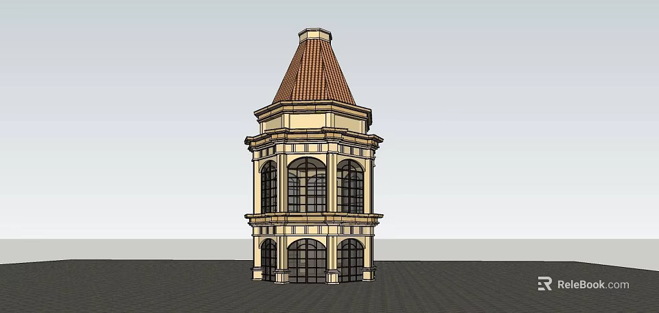 Multi Story European Style Tower With Brown Roof Yellow Walls And Arched Windows 3d model 
