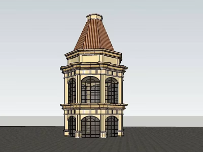 Multi Story European Style Tower With Brown Roof Yellow Walls And Arched Windows 3d model