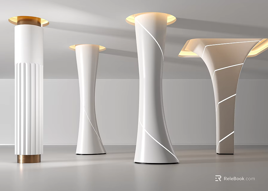 Modern White Decorative Columns With Different Shapes And Gold Illuminated Tops 3d model 