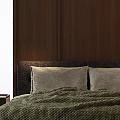 Cozy Double Bed With Dark Gray Headboard Gray Bedding Wooden Wall And Bedside Tables