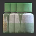 Three Glass Bottles With Green Caps And Stained Labels On Black Reflective Surface