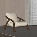 Modern Design Beige Plush Accent Chair With Wooden Armrests In Room With Carpet And Curtain