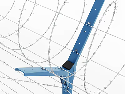 Sturdy Security Fence With Barbed Wire Blue Posts And Metal Bolts 3d model