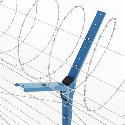Sturdy Security Fence With Barbed Wire Blue Posts And Metal Bolts 3d model