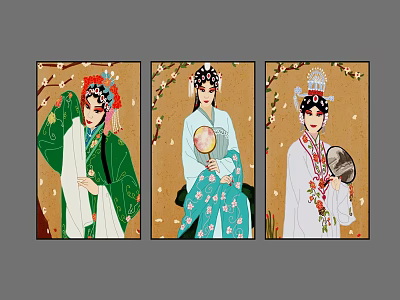 Traditional Chinese Opera Female Character Paintings with Colorful Costumes Headdresses and Fans on Beige Background 3d model
