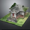 Traditional Wooden House Exterior Design With Gray Roof Red Door Wooden Stairs And Green Grass