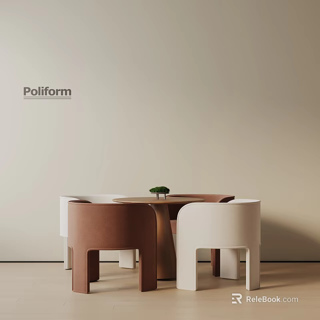 Poliform Dining Table Set With Brown White Chairs Round Tabletop Light Wall Small Green Plant 3d model