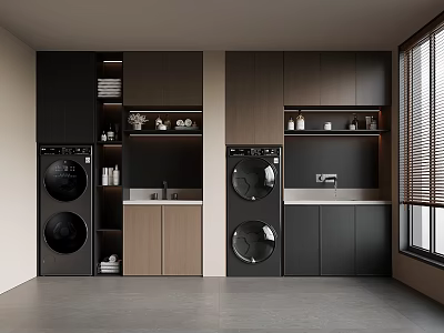 Modern Laundry Room Design With Black Washing Machines Dark Cabinets And Storage Countertop 3d model