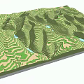 Scenic Green Mountain Landscape With Contour Lines And Blue Water Bodies