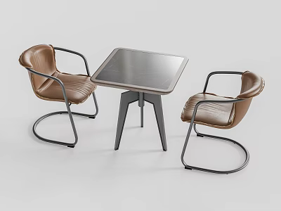 Modern Square Table and Chair Set with Brown Leather Seats and Metal Frames 3d model