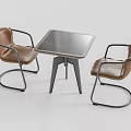 Modern Square Table and Chair Set with Brown Leather Seats and Metal Frames