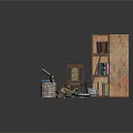 Wooden Bookshelf With Colorful Books On Fall Leaves Carpet And Campfire Setup