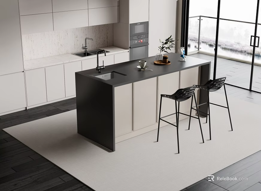 Modern Kitchen Bar Counter With White Cabinets Two Black Stools And Large Window 3d model