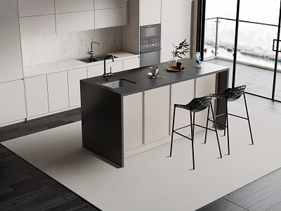 Modern Kitchen Bar Counter With White Cabinets Two Black Stools And Large Window 3d model