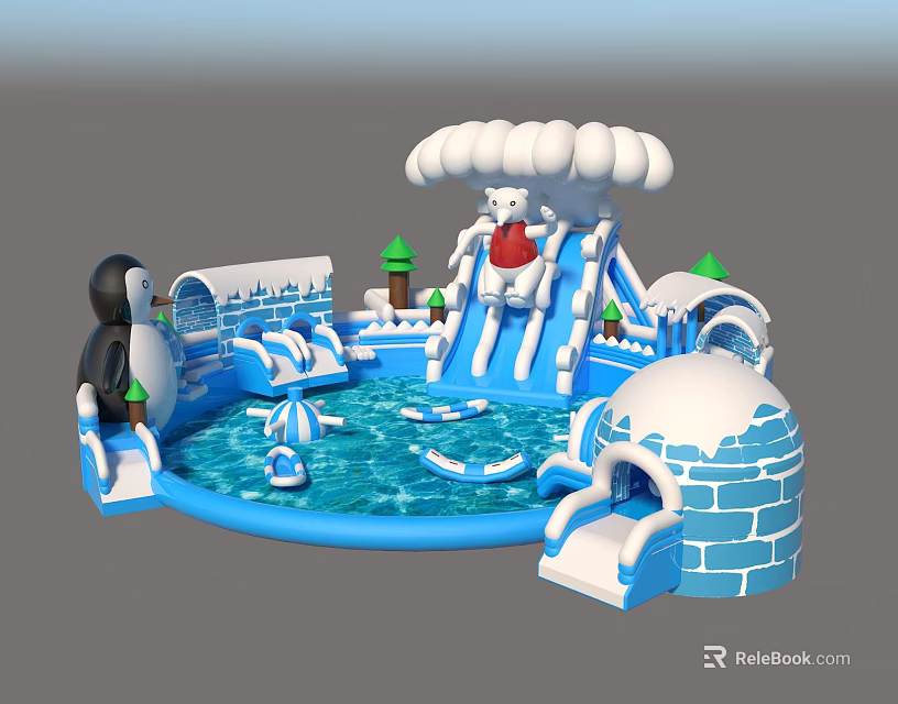 Colorful Inflatable Water Play Equipment With Penguin Polar Bear Slide Iceberg Cloud And Pool Boats 3d model 