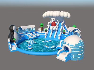 Colorful Inflatable Water Play Equipment With Penguin Polar Bear Slide Iceberg Cloud And Pool Boats 3d model