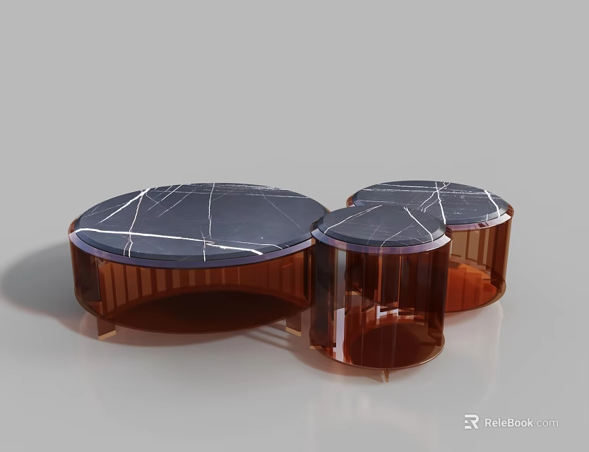 Modern Coffee Tables with Transparent Amber Bases and Marble Tops Featuring White Veins 3d model 