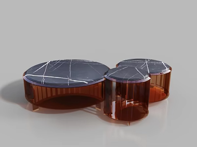 Modern Coffee Tables with Transparent Amber Bases and Marble Tops Featuring White Veins 3d model