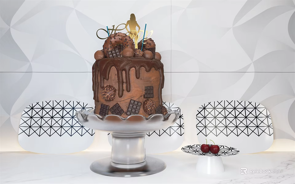 Chocolate Cake With Drizzle Toppings Golden Decor On Glass Stand And Geometric Background 3d model 