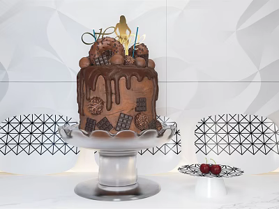 Chocolate Cake With Drizzle Toppings Golden Decor On Glass Stand And Geometric Background 3d model