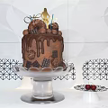 Chocolate Cake With Drizzle Toppings Golden Decor On Glass Stand And Geometric Background