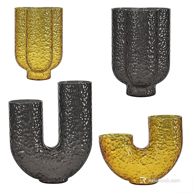 Elegant Textured Yellow And Black Glass Vases U Shaped Cylindrical For Floral Arrangements 3d model 