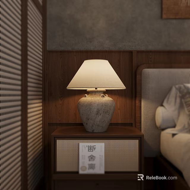 Stone Base Table Lamp With Beige Linen Shade On Wooden Nightstand Background 3d model