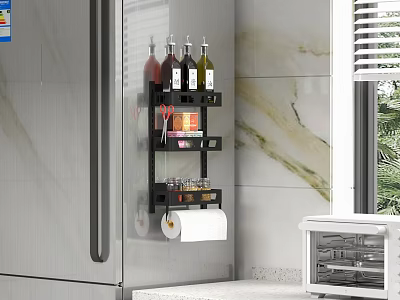 Black Wall Mounted Kitchen Storage Rack With Wine Bottles And Paper Towel 3d model