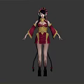 3D Female Character Model In Red And Gold Costume With Elaborate Headdress And Twin Ponytails