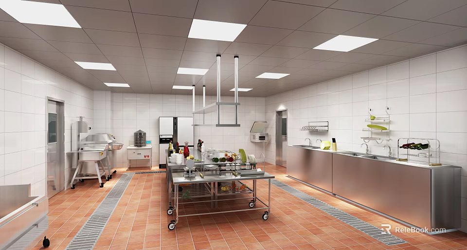 Commercial Dining Kitchen Interior With Stainless Steel Worktables Tile Walls And Mobile Carts 3d model 