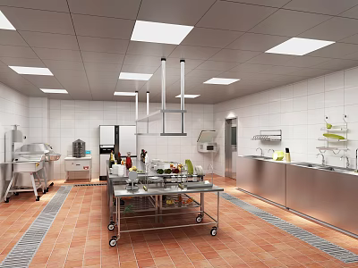 Commercial Dining Kitchen Interior With Stainless Steel Worktables Tile Walls And Mobile Carts 3d model
