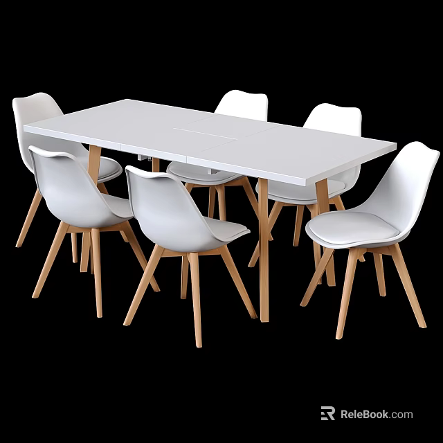 Modern White Rectangular Dining Table With Six Chairs And Wooden Legs 3d model