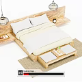 Double Bed With Wooden Headboard White Sheets Two Pillows Hanging Lamps And Storage Bench