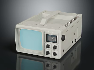 Portable White Television With Screen Buttons And Handle On Dark Background 3d model