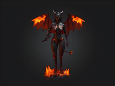 Demon Character Design With Flaming Wings Horns Tail And Fire At Feet 3d model