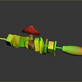 Colorful Food Skewer With Red Mushroom Green Cubes Pink Rings And Orange Tip