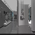 Modern Service Gallery With Curved White Walls Transparent Glass Partitions Hanging Geometric Decor Dark Flooring