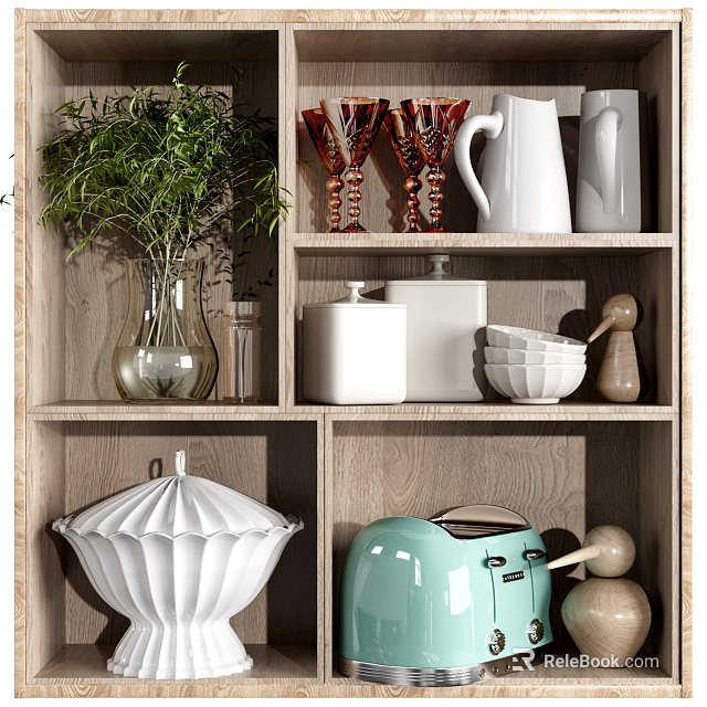 Stylish Dinnerware Set Display On Wooden Shelf With Green Plant Wine Glasses And Pitcher 3d model 