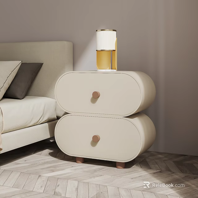 Modern Beige Bedside Table With Two Drawers Wooden Knobs And Glass Vase 3d model