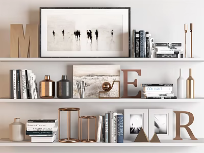 Decorative Ornament Set With Alphabet Letters Photo Frames Books Decorative Bottles And Candlesticks On Shelf 3d model