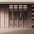 Modern Dark Wooden Wardrobe Interior With Glass Sliding Doors And Storage Shelves