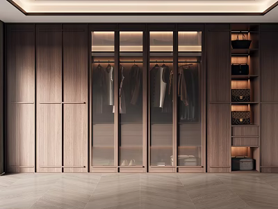Modern Dark Wooden Wardrobe Interior With Glass Sliding Doors And Storage Shelves 3d model