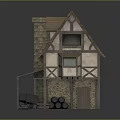 Medieval Style House With Red Tiled Roof Chimney Wooden Frame Porch And Barrels