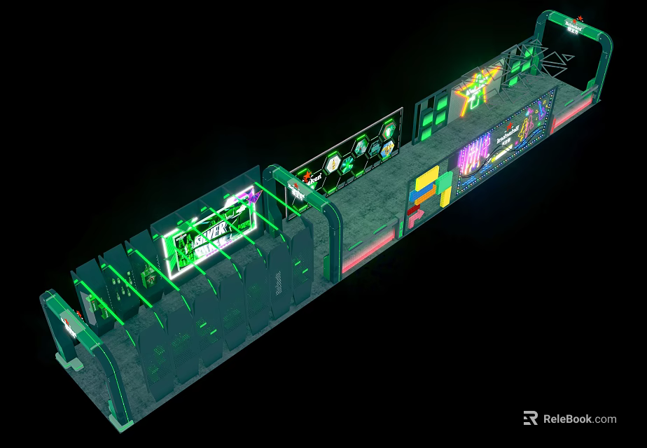 Modern Event Passage With Green Lighting Multiple Screens And Decorations 3d model