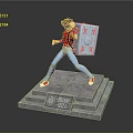 Game Movie Character In Red Top Blue Pants With Blue Shield On Dragon Sword Pedestal
